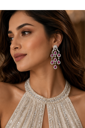 Rhodium Finish Ruby Cascade AD Earrings 1