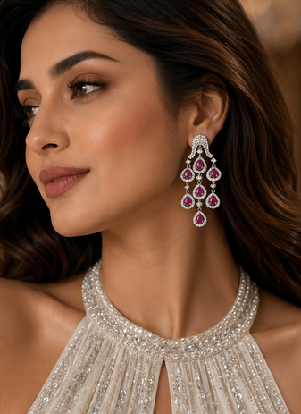 Rhodium Finish Ruby Cascade AD Earrings