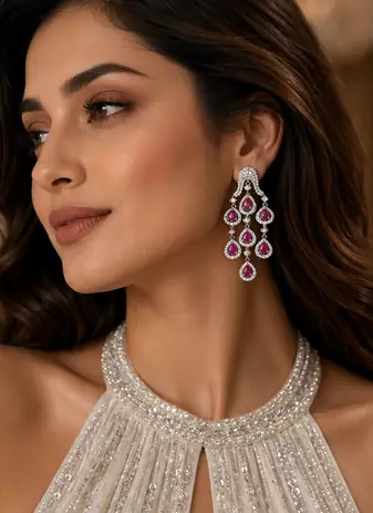 Rhodium Finish Ruby Cascade AD Earrings