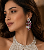 Rhodium Finish Ruby Cascade AD Earrings