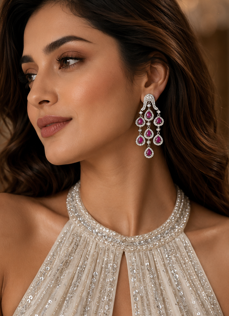 Rhodium Finish Ruby Cascade AD Earrings