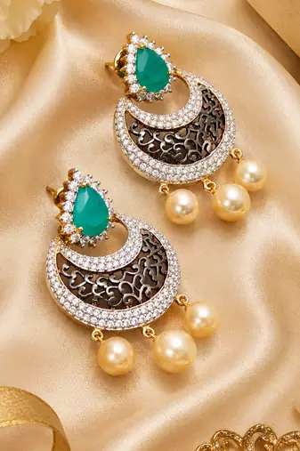 Gold Finish Emerald Pearl AD Chandbali Earrings