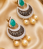 Gold Finish Emerald Pearl AD Chandbali Earrings
