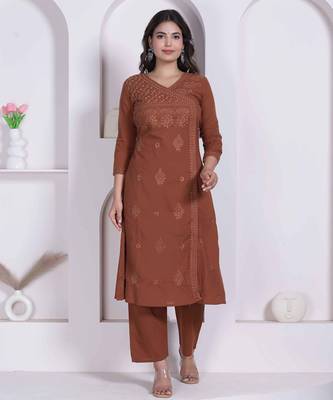 womens brown floral printed angrakha style kurta with palazzo 5