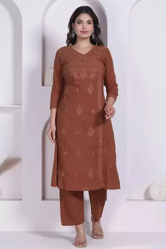 Doriyaan womens brown floral printed angrakha style kurta with palazzo
