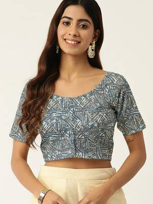 Grey cotton sanganeri printed non padded blouse 1