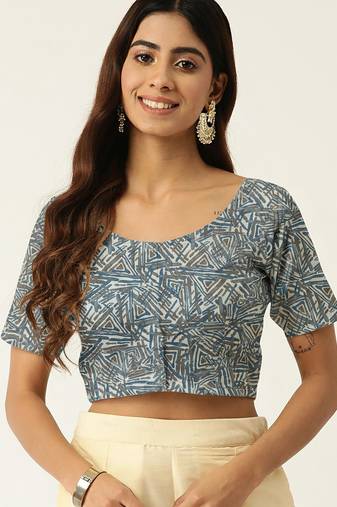 Grey cotton sanganeri printed non padded blouse