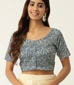 Grey cotton sanganeri printed non padded blouse