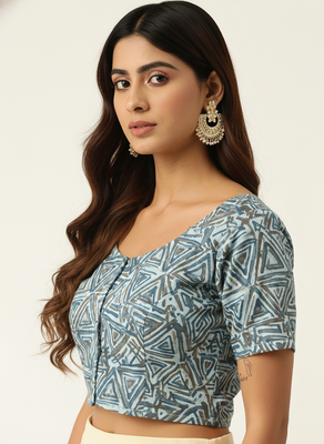 Grey cotton sanganeri printed non padded blouse 2