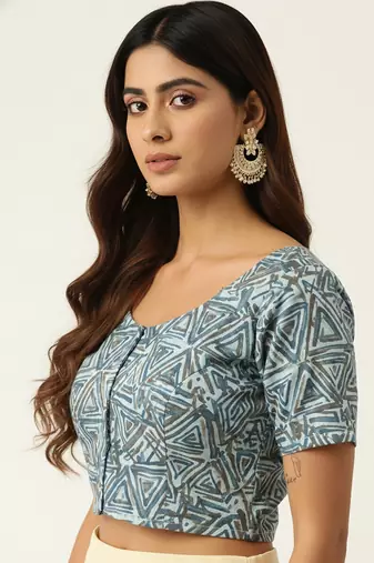 Grey cotton sanganeri printed non padded blouse