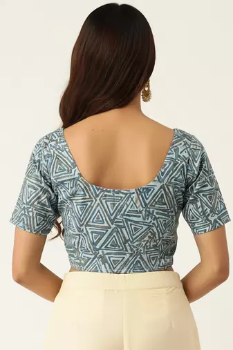 Grey cotton sanganeri printed non padded blouse