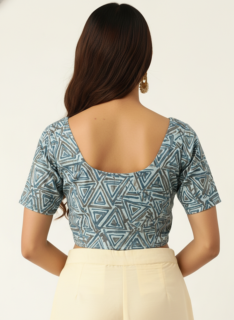 Grey cotton sanganeri printed non padded blouse