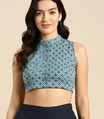Green cotton ajrak printed non padded blouse