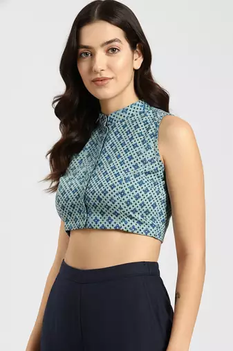 Green cotton ajrak printed non padded blouse