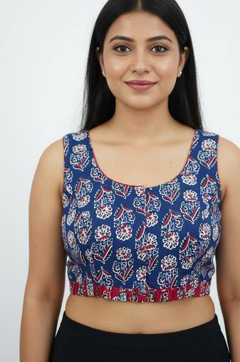 Blue cotton sanganeri printed non padded blouse
