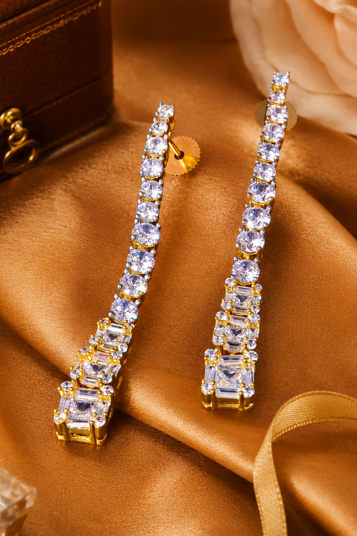 Gold Plated American Diamond Linear Drop Earrings