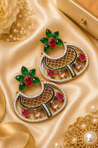 Gold plated multicolor ad stone statement earrings
