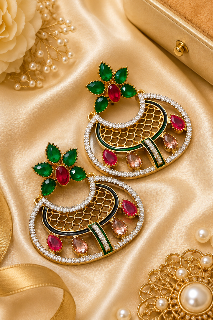 Gold plated multicolor ad stone statement earrings