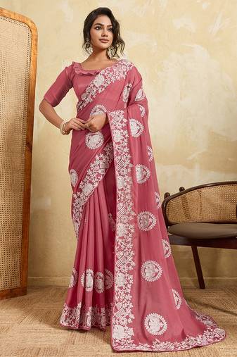 Mesmerizing gajri pink sequins embroidered star georgette latest designer traditional saree