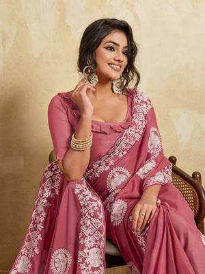 Mesmerizing gajri pink sequins embroidered star georgette latest designer traditional saree 2