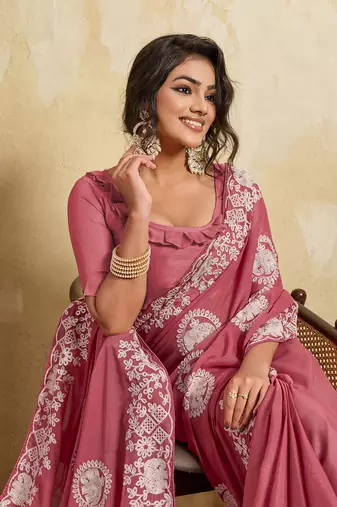 Mesmerizing gajri pink sequins embroidered star georgette latest designer traditional saree