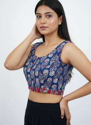 Blue cotton sanganeri printed non padded blouse 2