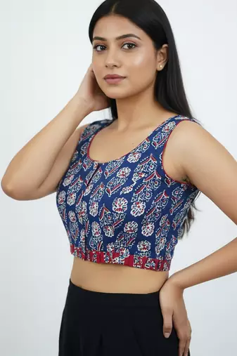 Blue cotton sanganeri printed non padded blouse