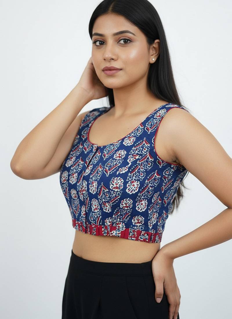 Blue cotton sanganeri printed non padded blouse