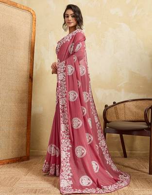 Mesmerizing gajri pink sequins embroidered star georgette latest designer traditional saree 3
