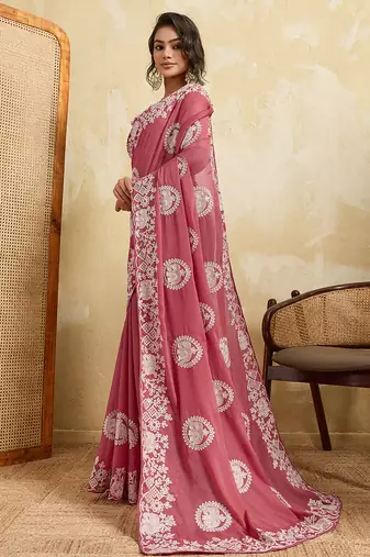 Mesmerizing gajri pink sequins embroidered star georgette latest designer traditional saree