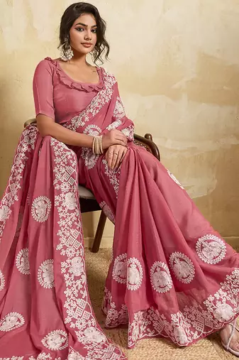 Mesmerizing gajri pink sequins embroidered star georgette latest designer traditional saree