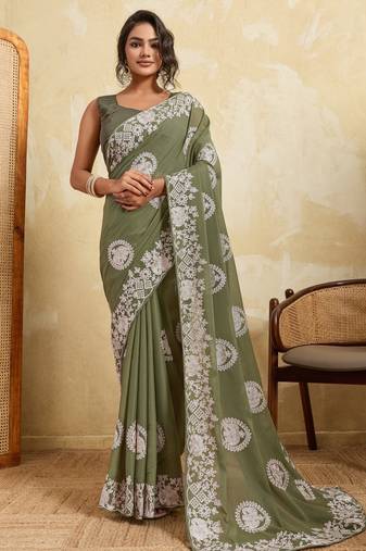 Catching olive green sequins embroidered star georgette party wear saree