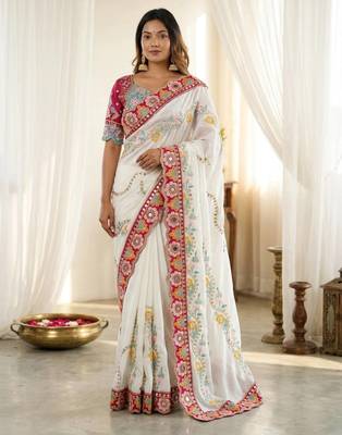 Pleasant white 5mm sequins and multi colored thread embroidered with real mirror work rangoly silk saree 1
