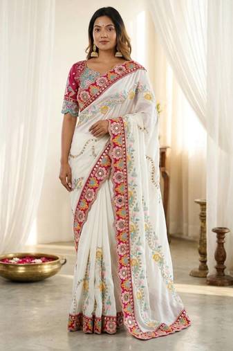 Pleasant white 5mm sequins and multi colored thread embroidered with real mirror work rangoly silk saree
