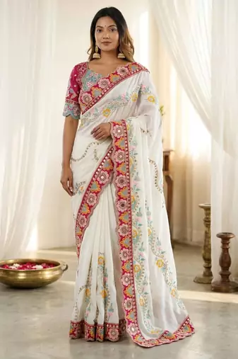 Pleasant white 5mm sequins and multi colored thread embroidered with real mirror work rangoly silk saree