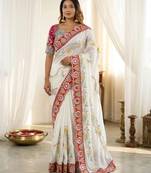 Pleasant white 5mm sequins and multi colored thread embroidered with real mirror work rangoly silk saree