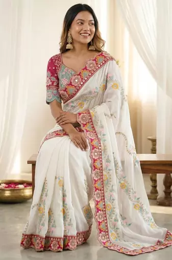 Pleasant white 5mm sequins and multi colored thread embroidered with real mirror work rangoly silk saree