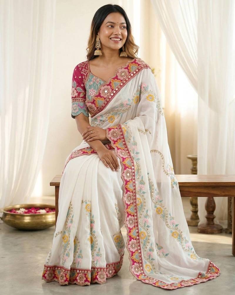 Pleasant white 5mm sequins and multi colored thread embroidered with real mirror work rangoly silk saree