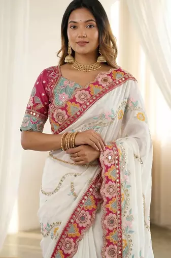 Pleasant white 5mm sequins and multi colored thread embroidered with real mirror work rangoly silk saree