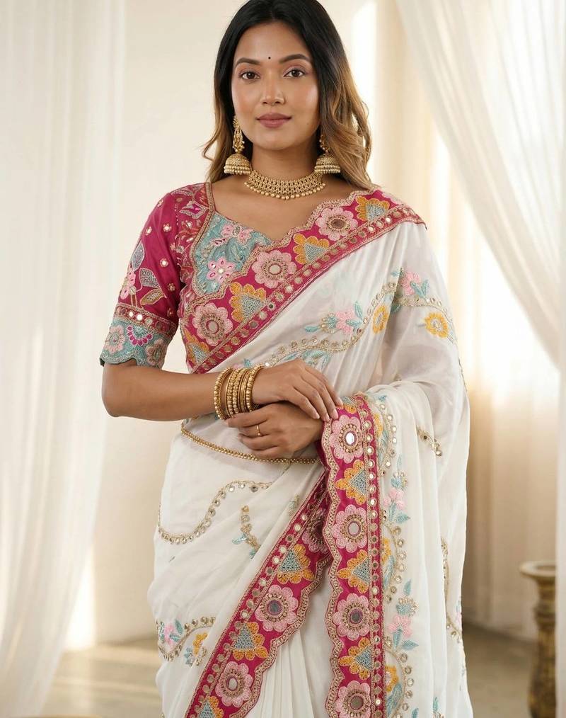 Pleasant white 5mm sequins and multi colored thread embroidered with real mirror work rangoly silk saree