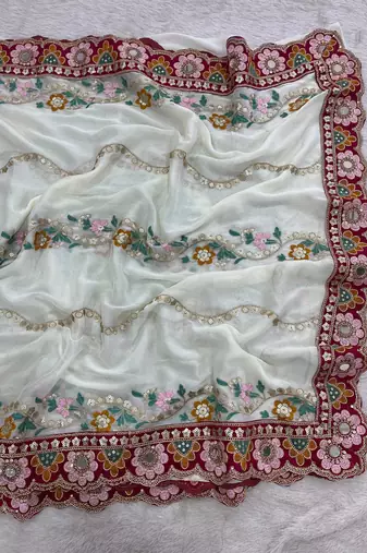 Pleasant white 5mm sequins and multi colored thread embroidered with real mirror work rangoly silk saree