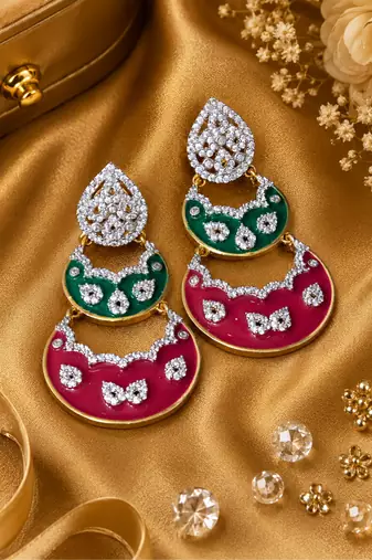 Gold Finish Enamel Meenakari Dangle AD Earrings