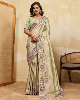 Delightful pista green sequins embroidered banarasi silk designer wedding saree 1