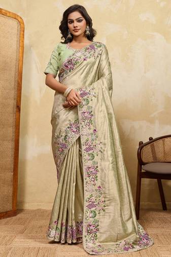 Delightful pista green sequins embroidered banarasi silk designer wedding saree