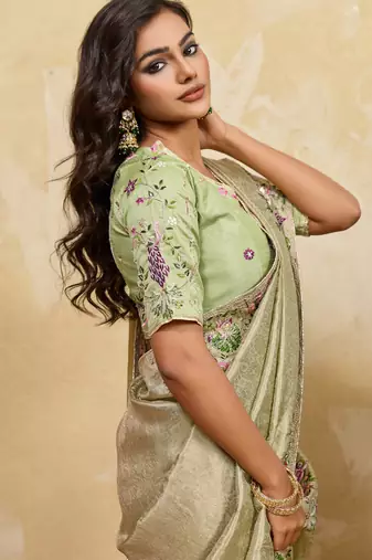 Delightful pista green sequins embroidered banarasi silk designer wedding saree