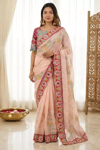 Winning peach sequins and multi colored thread embroidered with real mirror work rangoly silk party wear saree