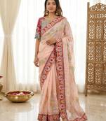 Winning peach sequins and multi colored thread embroidered with real mirror work rangoly silk party wear saree