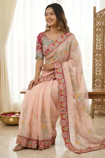 Winning peach sequins and multi colored thread embroidered with real mirror work rangoly silk party wear saree