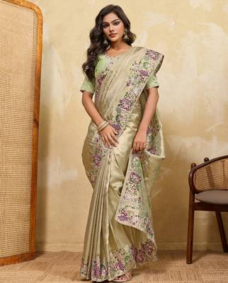 Delightful pista green sequins embroidered banarasi silk designer wedding saree 3