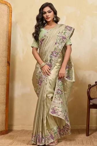 Delightful pista green sequins embroidered banarasi silk designer wedding saree